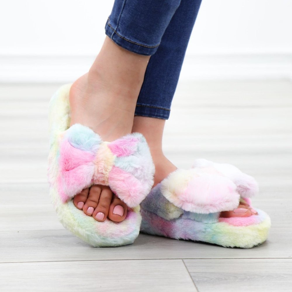 Bow Tie Plush Slip On Tie Dye Slippers - Picture 2 of 16